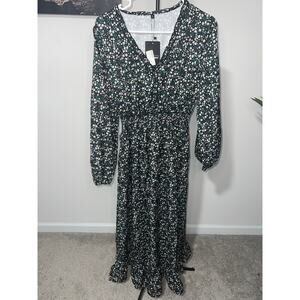 Black floral print long sleeve midi smocked waist Dress sz S